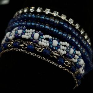 Arm Party Lot Of 4 Bracelets -Blue, Silver, White, Rhinestone- 7”